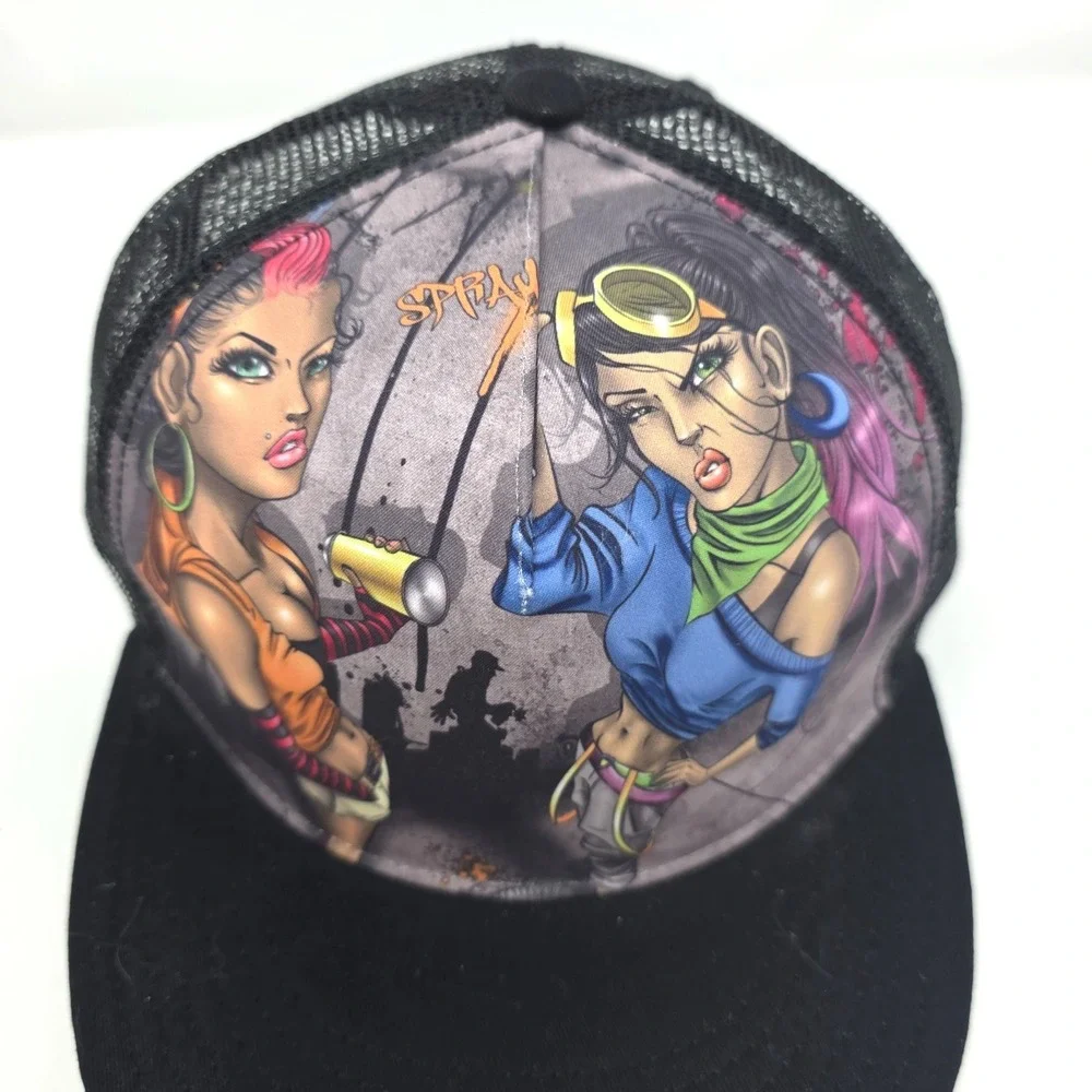 Trucker Hat Mens Black Urban Graffiti Character Graphic Mesh Back Streetwear NWT
